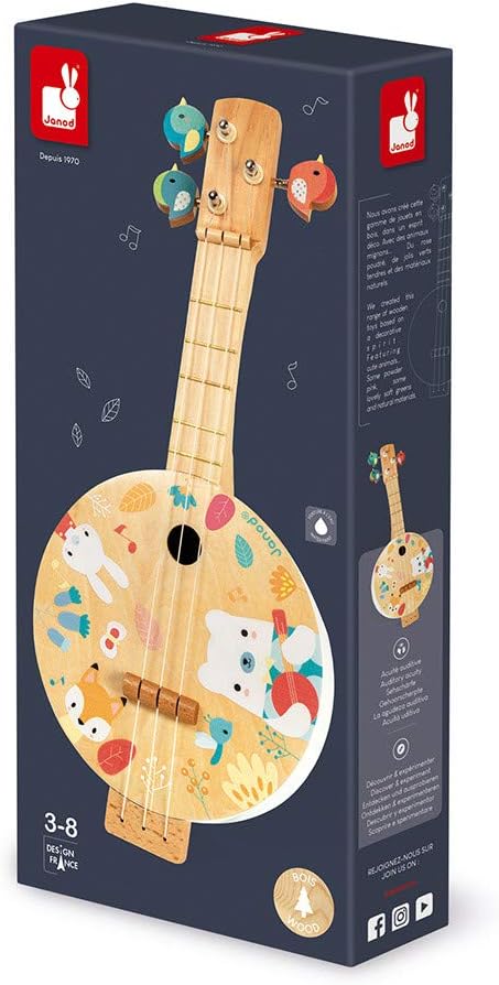 Janod - Pure Banjo - Holz Musikinstrument für Kinder mit Hübschen Illustrationen - Stimmschlüssel in