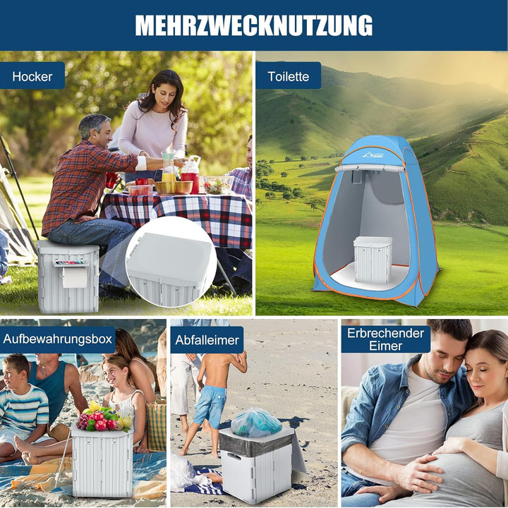 WADEO Tragbare Campingtoilette mit Deckel, 39 cm hohe Mobile Toilette mit 12 Stück Toilettenbeutel,
