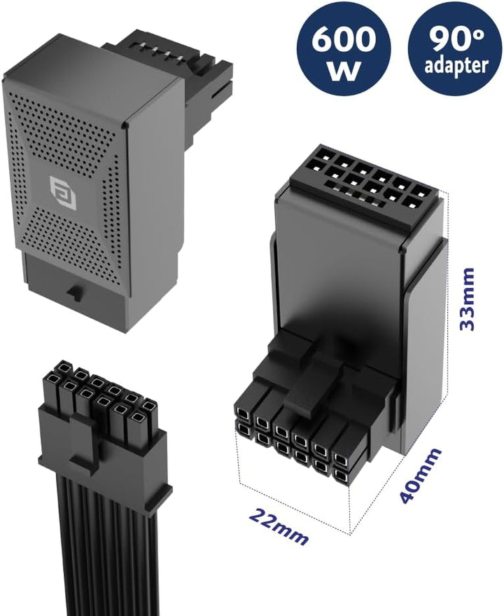 Akasa 90 Degree 12V-2X6 Adapter 12+4-Pin to 12+4-Pin Male to Female Connector, Aluminium Shell, Maxi