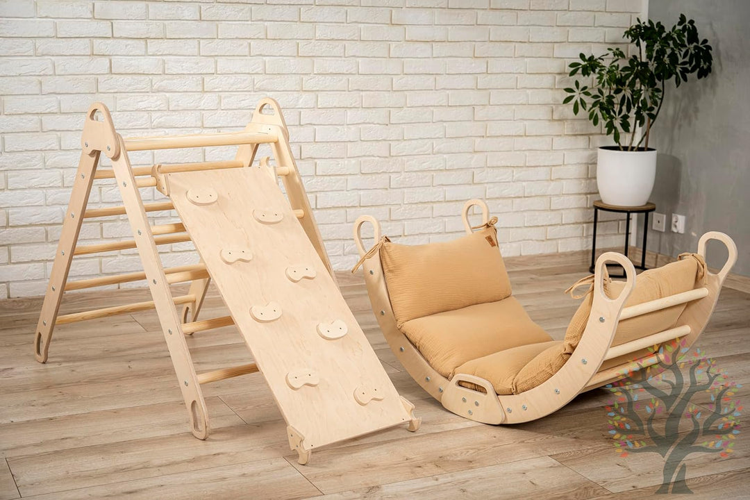 WoodsCraft 4in1 Set: Grosse Kletterbogen mit Kissen & Kletterdreieck mit 2in1: Rutsche Indoor/Klette