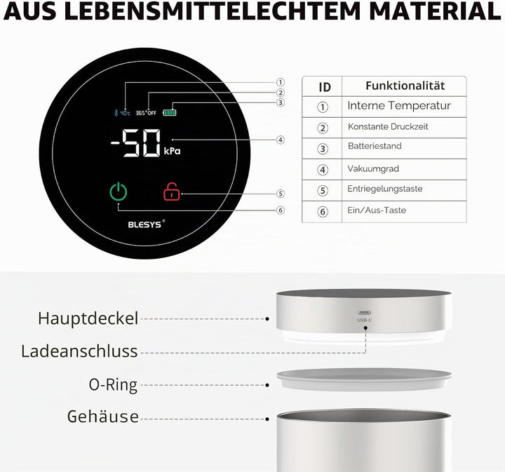 BLESYS Smarter Kaffee Vakuumbehälter Luftdichter, Automatischer Lebensmittelbehälter aus Edelstahl m