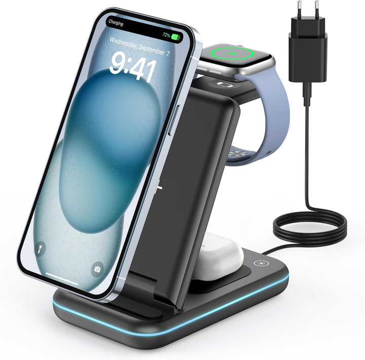 JoyGeek 3 in 1 Kabelloses Ladegerät, Faltbar Wireless Charger für i Phone 15/14/13/12/11/Pro Max/X/8