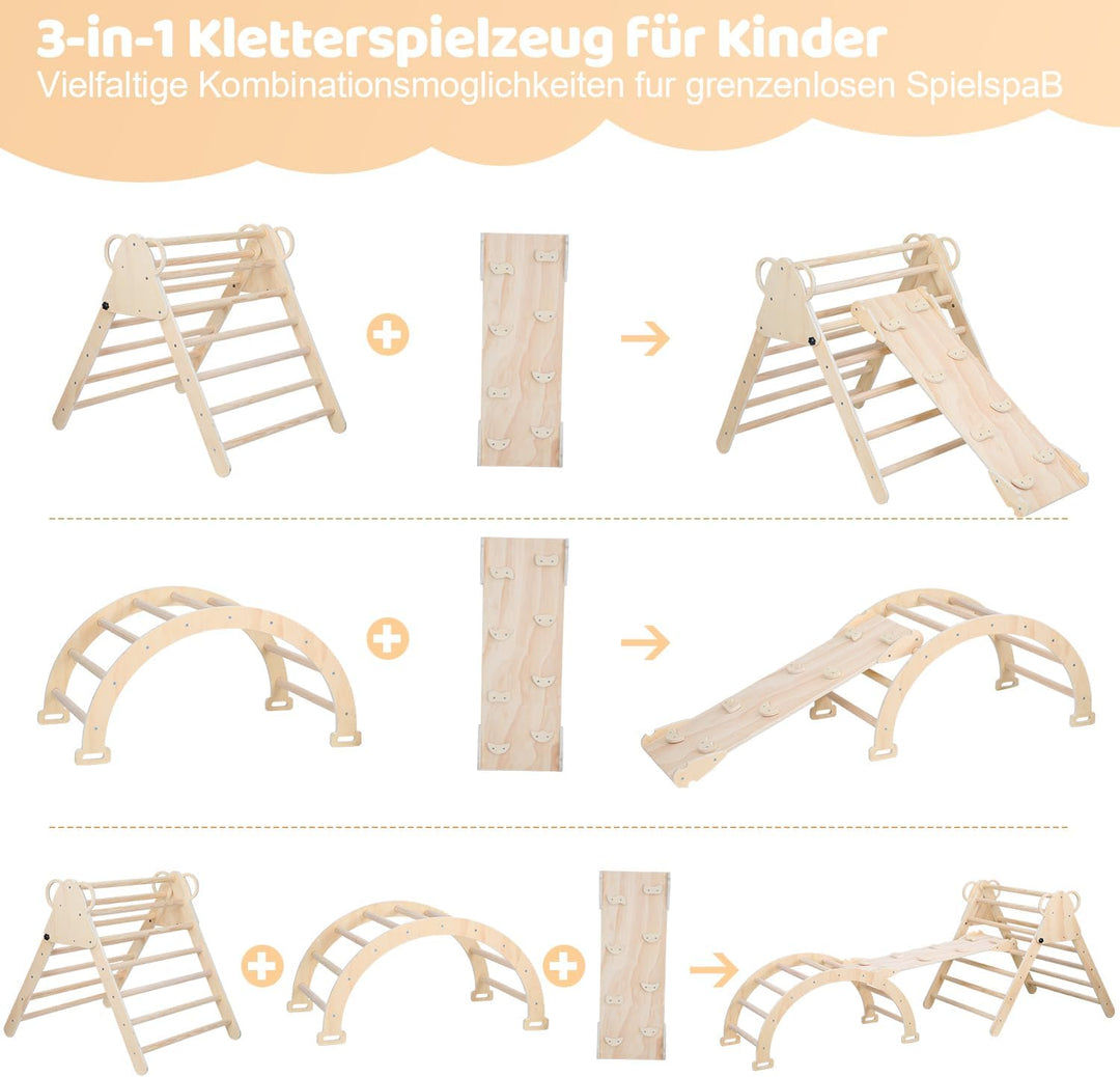 Klettergerüst Indoor, 3-in-1 Klettergerüst mit Bogen/Rutsche/Dreieck, Lernspielzeug für 2-8 Jahre, S