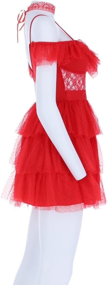 Smiffys Beetlejuice Lydia Bride Erwachsenenkostüm Kleid und Schleier in Rot mit durchsichtigen Ärmel