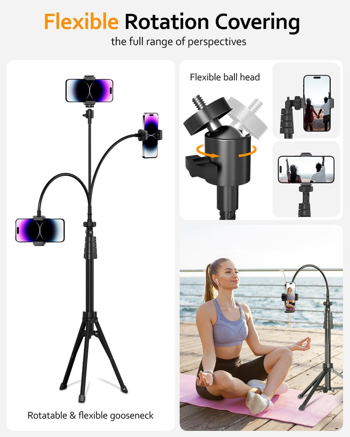Aureday Handy Stativ Ständer 223cm Selfie Handy Stativ mit 38cm Flexibler Schlauch 360° Drehbarer, B
