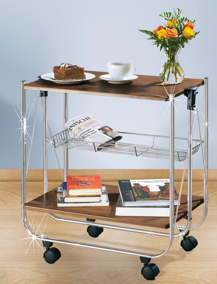 WENKO Servierwagen Dinett Deluxe Walnuss - zusammenklappbar, Ablagekorb, MDF, 68 x 70 x 40.6 cm, Bra