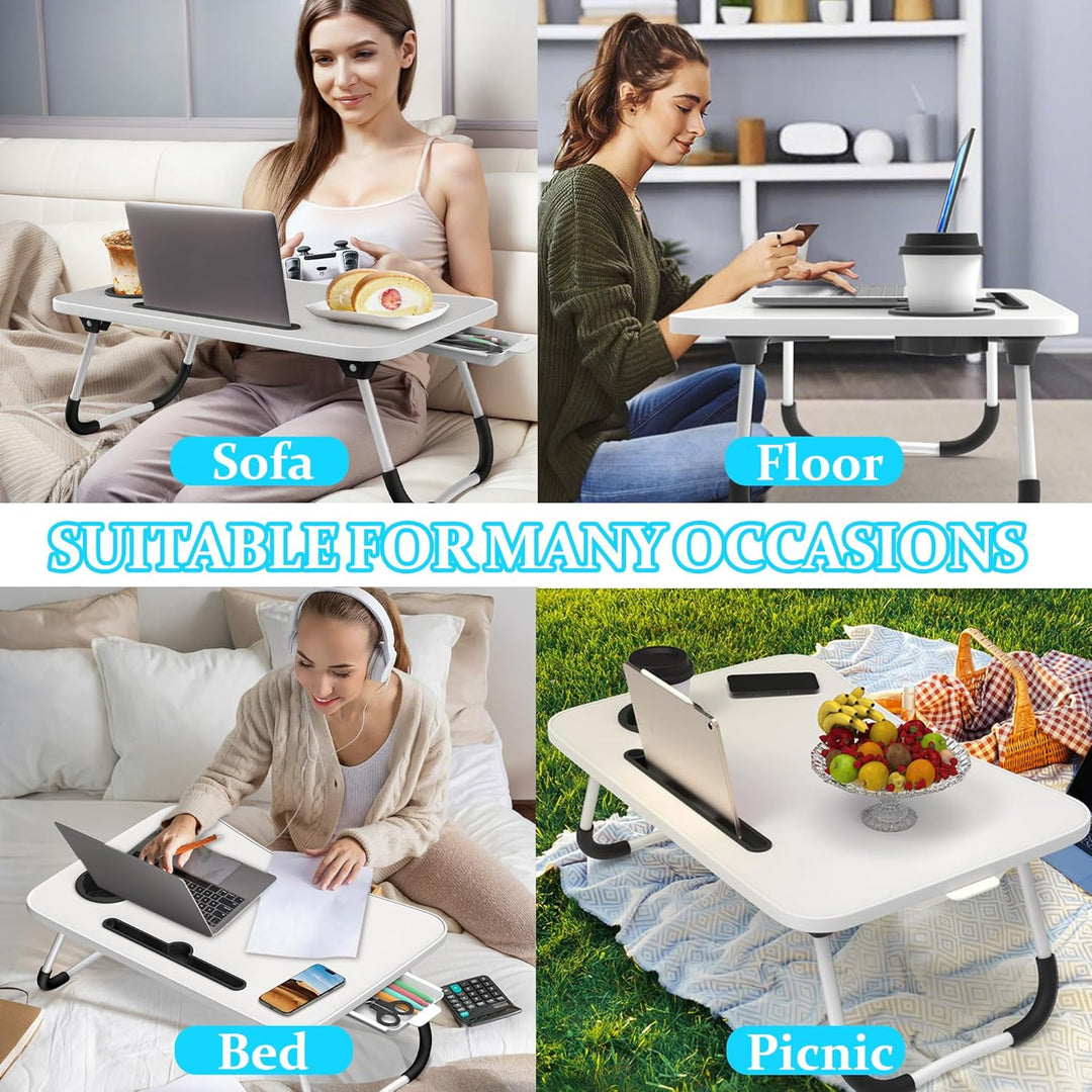 Soontrans Laptoptisch, 60 x 40 x 28 cm, Laptop Tisch mit Tablethalter, Schublade, Getränkehalter, Be