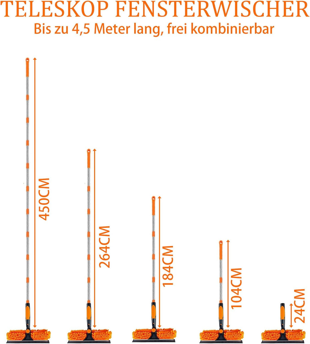 4,5 m Teleskop Fensterreiniger: Fensterwischer 270° drehbarer Kopf (Orange - 2-in-1), Orange - 2-in-