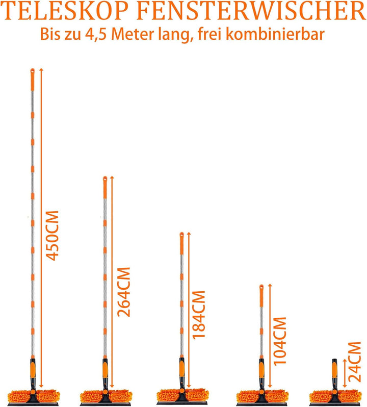 4,5 m Teleskop Fensterreiniger: Fensterwischer 270° drehbarer Kopf (Orange - 2-in-1), Orange - 2-in-