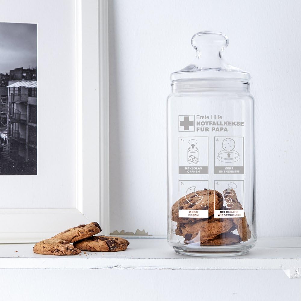 Casa Vivente Keksglas mit Gravur und Deckel, Keksdose aus Glas, Papas Notfallkekse, Vorratsglas, Ges