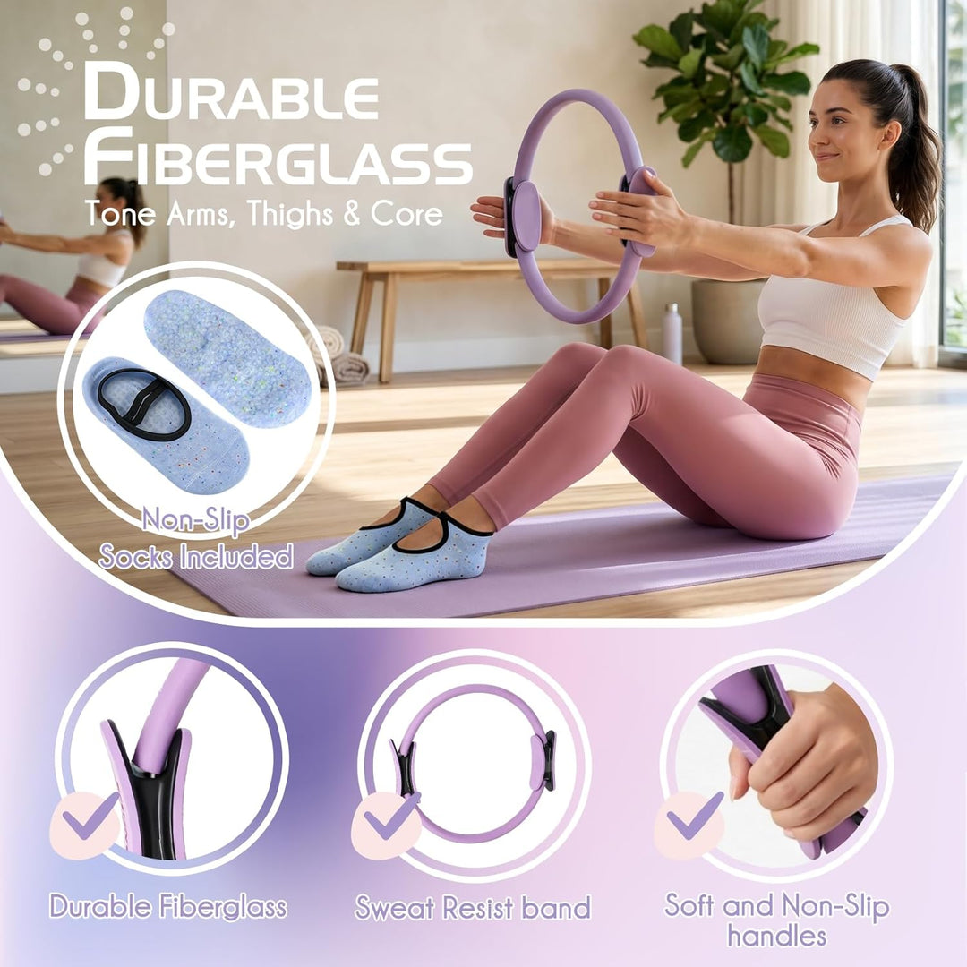 【Pilates Ring Set】 14 Zoll Magic Circle mit Dual Padded Handles, Pilates Mini Ball und Resistance Ba