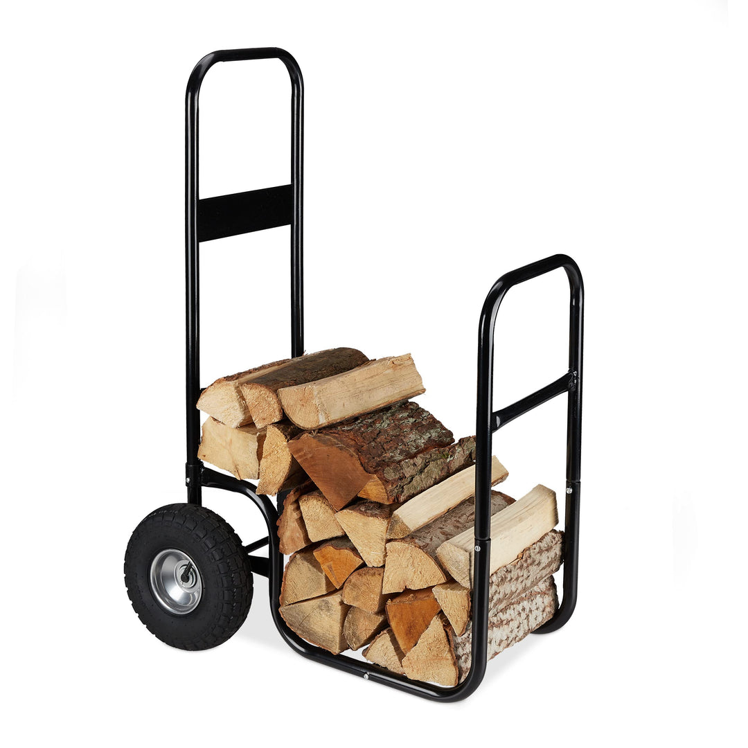 Relaxdays Kaminholzwagen, Brennholzwagen aus Stahl, mit 2 Luftreifen, bis 60 kg, Holztransport &amp; -au