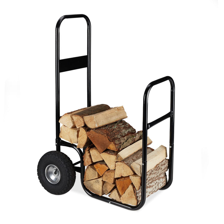 Relaxdays Kaminholzwagen, Brennholzwagen aus Stahl, mit 2 Luftreifen, bis 60 kg, Holztransport &amp; -au