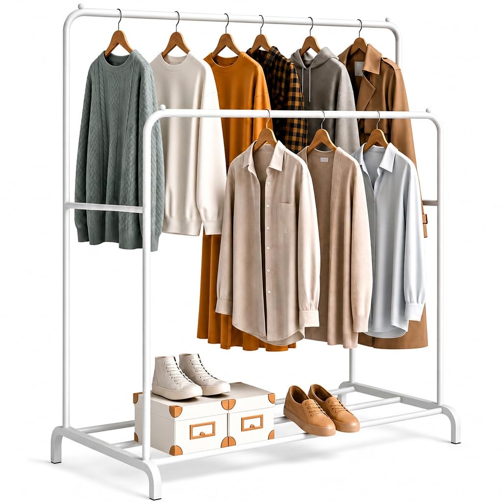 edihome, Kleiderständer, Kleiderstange, Doppelt, 110 x 150 x 54 cm, Schuhregal, Metallisch, Stabil,