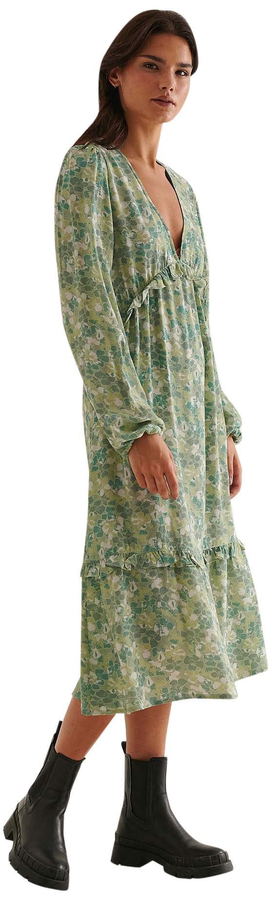 NA-KD Damen Midi-rüschenkleid mit Ballonärmeln Lässiges Kleid 34 EU Grün/Blumen, 34 EU Grün/Blu