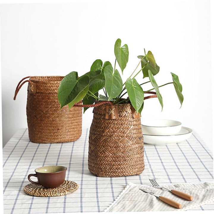Seegras geflochtener Korb, Strohbauch, Aufbewahrung, Blumentopf, Vase, Organizer mit Griffen für Wäs