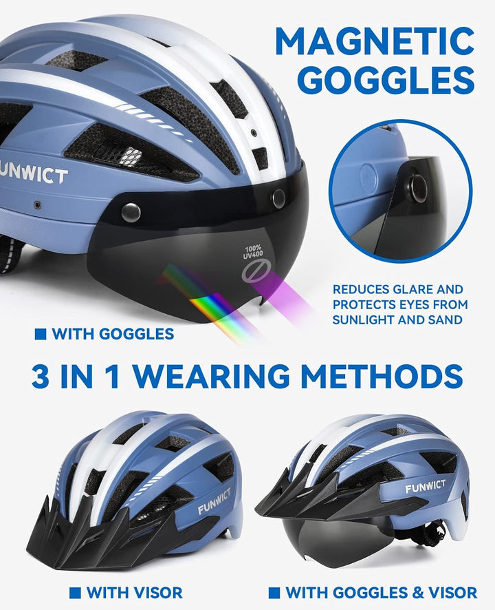 FUNWICT Fahrradhelm mit Visier für Herren Damen, Leichte Fahrradhelm mit Magnetischem Brille und USB