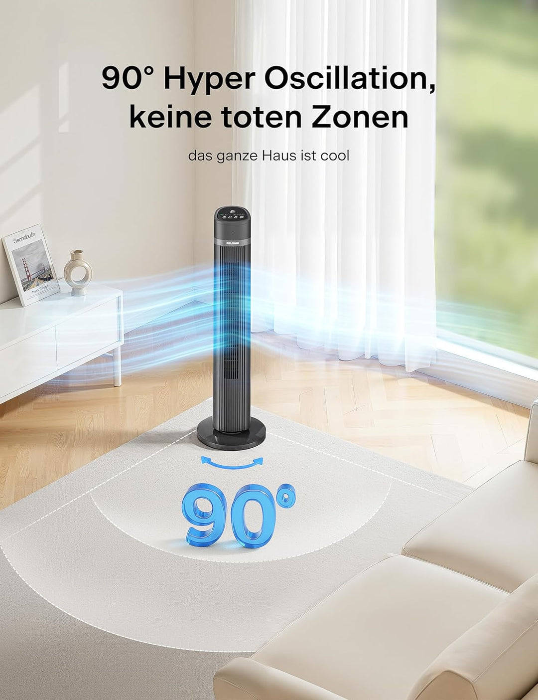 PELONIS Turmventilator Ventilator, Standventilator mit Fernbedienung und 4 Geschwindigkeitsstufen &