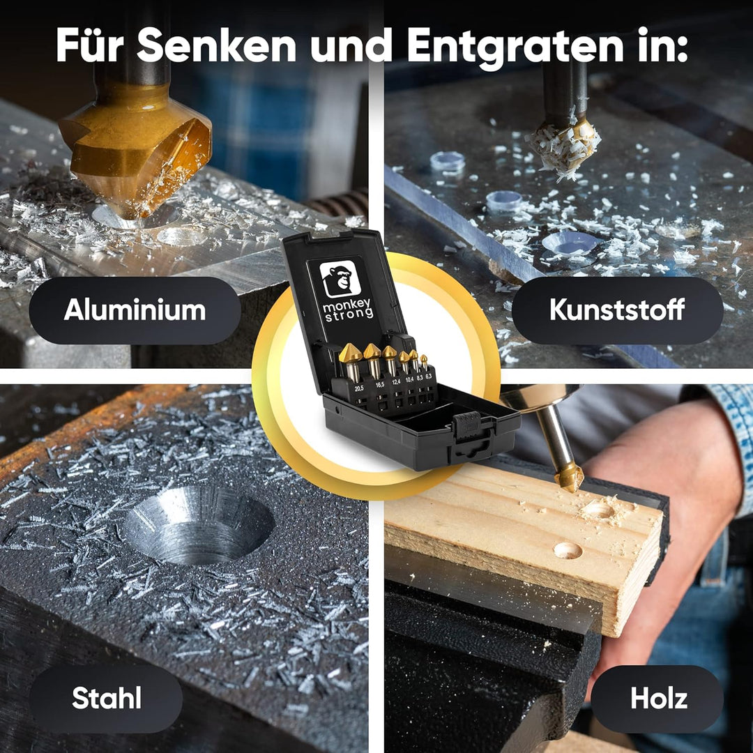 monkeystrong Kegelsenker 90° Ø 6,3-20,5 mm aus HSS Stahl - richtig scharf - Senker und Entgrater Set