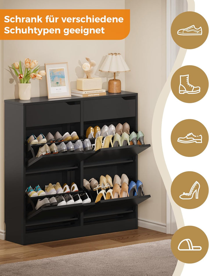 IRONCK Schuhschrank mit 4 Klappen, Schuhkipper Schmal mit 2 Schubladen, freistehendes Schuhregal, Sc
