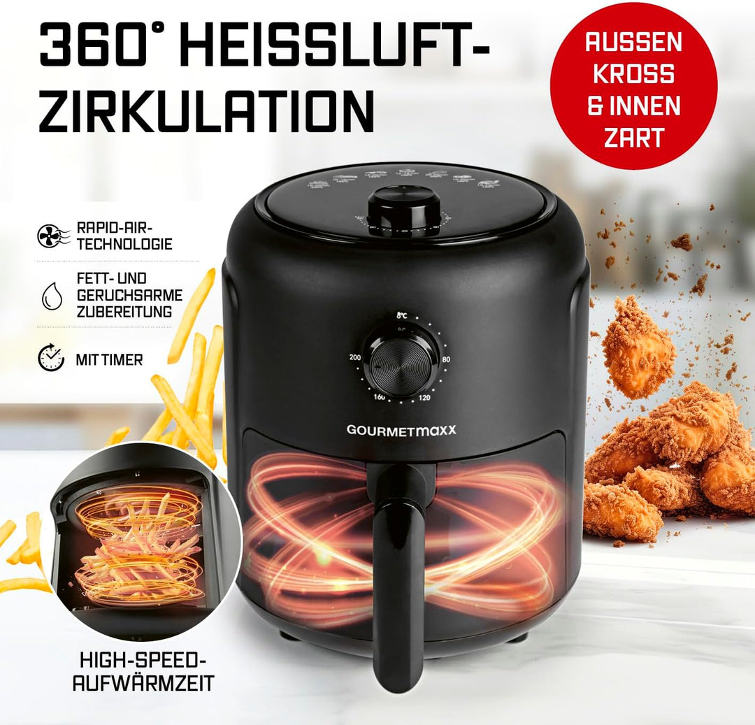 GOURMETmaxx Heissluftfritteuse, 2,3 l | Airfryer mit Timerfunktion (60 Minuten Timer) | Nahezu ohne