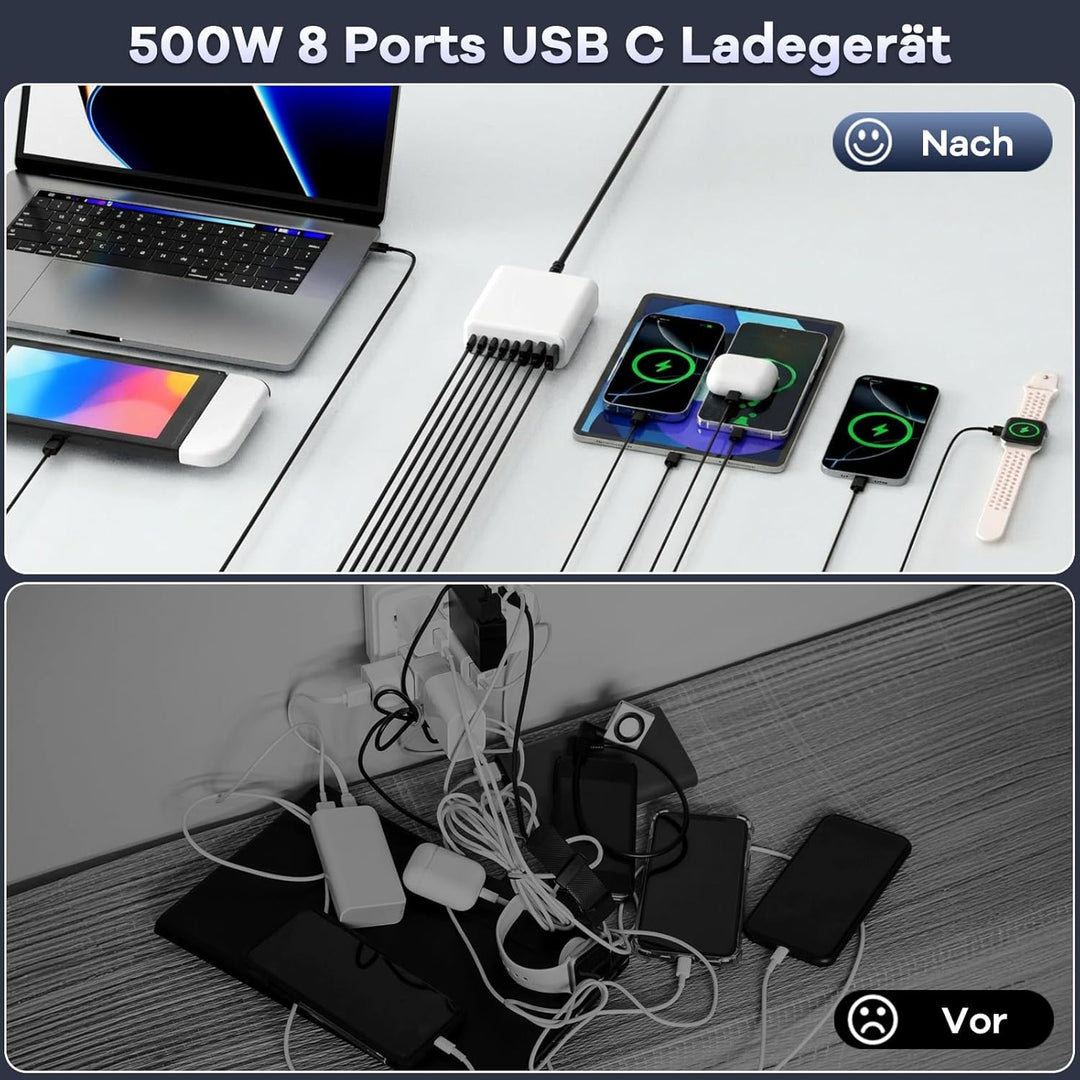 500W USB C Ladegerät Mehrfach, GaN V 8 Ports USB Ladegerät Mehrfach, 500W 8-Port Schnellladegerät Ko