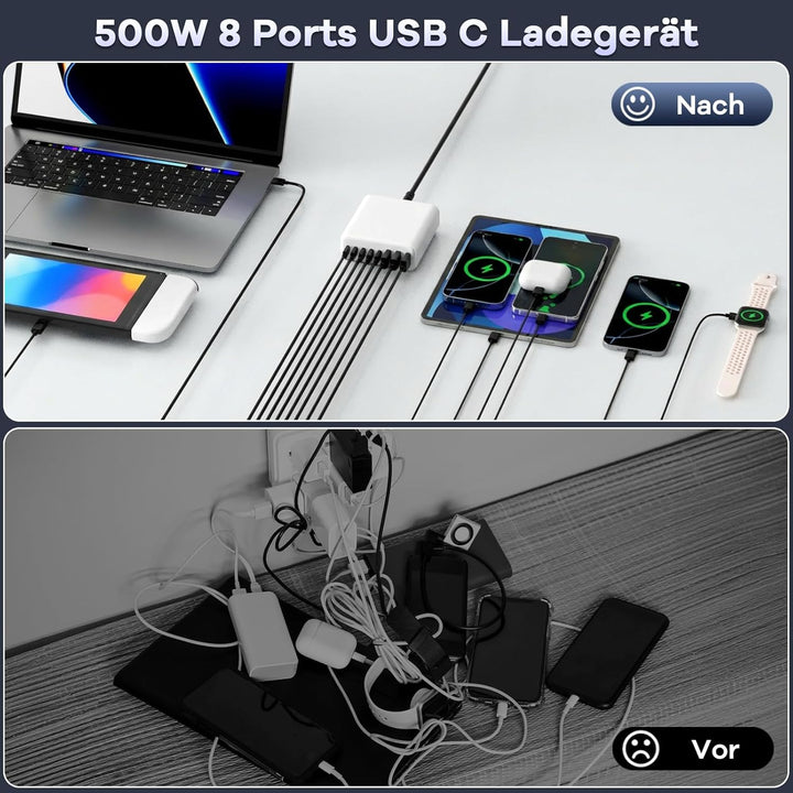 500W USB C Ladegerät Mehrfach, GaN V 8 Ports USB Ladegerät Mehrfach, 500W 8-Port Schnellladegerät Ko