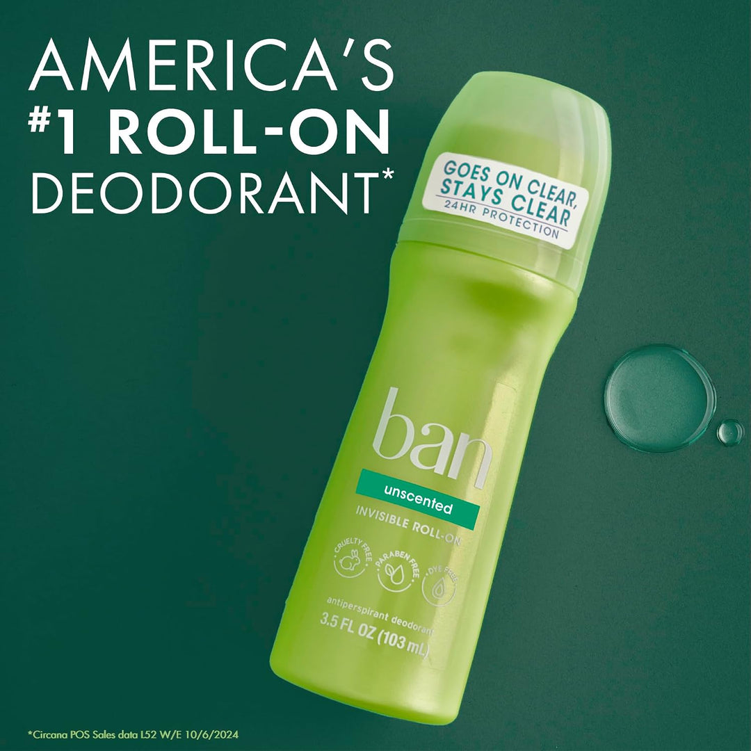 Ban Roll-On Antiperspirant Deodorant, Unscented, 3.5-Ounce Bottles (Pack of 4) by Ban