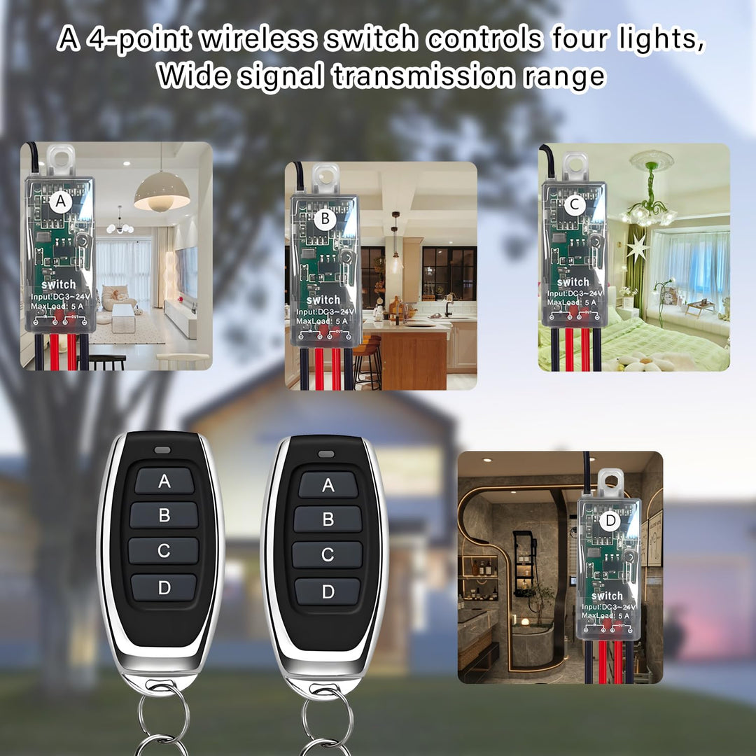 12v funkschalter,4 Wege kabelloser Lichtschalter DC 5V/12V/24V/5A Mini Relais 1 Kanal Wireless Licht