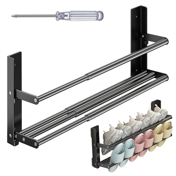 2 Ebenen Schuhregal Wandmontage - 37-67cm Schwar Schuhhalter Wand Schuhregal, Ausziehbar Schuhablage