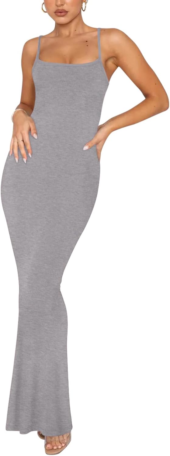 REORIA Damen Sexy Lounge Slip Langes Kleid Elegantes Hochzeitsgast ärmelloses rückenfreies Geripptes