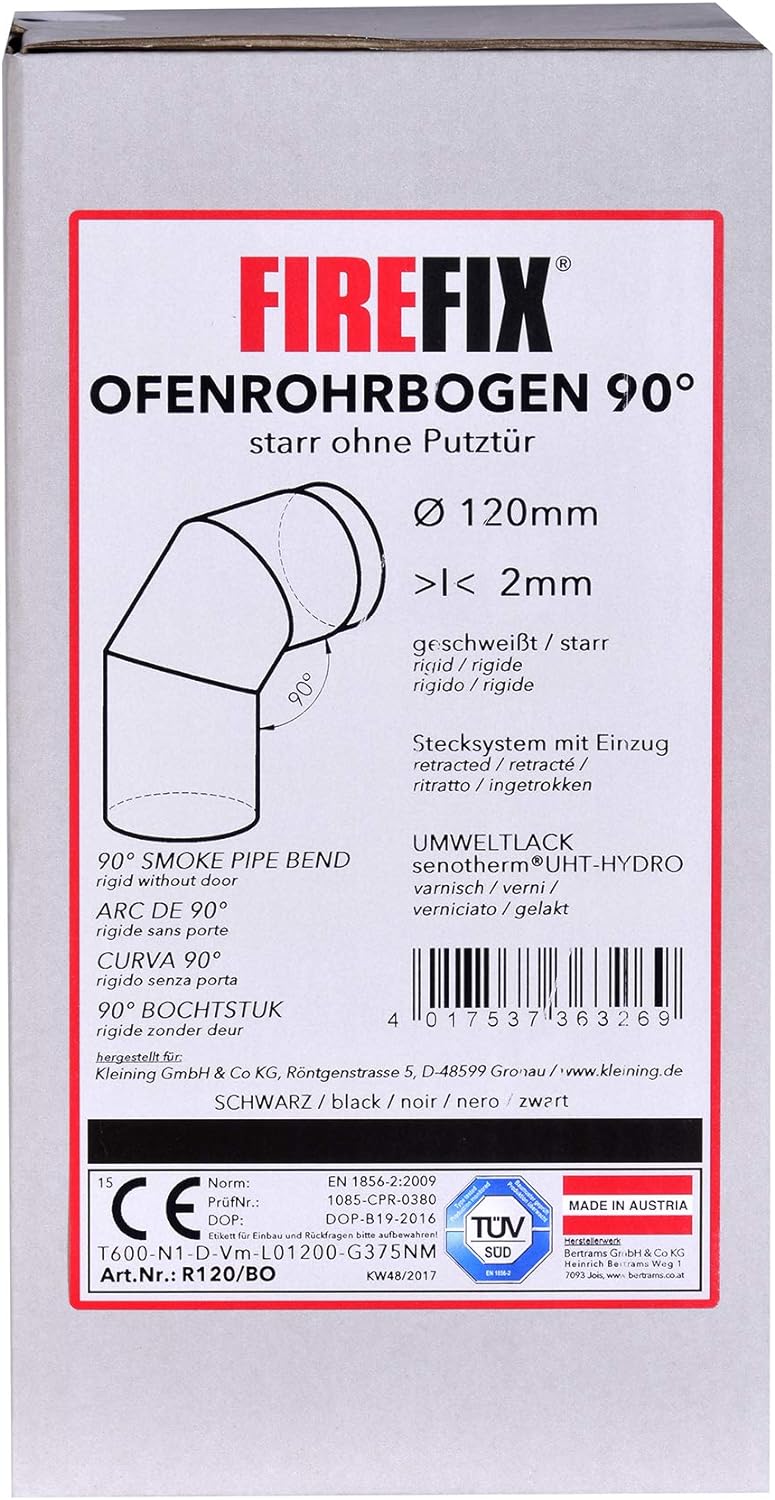 FIREFIX R120/BO Ofenrohrbogen aus 2 mm starken Stahl (Rauchrohr) in 120 mm Durchmesser, für Kaminöfe