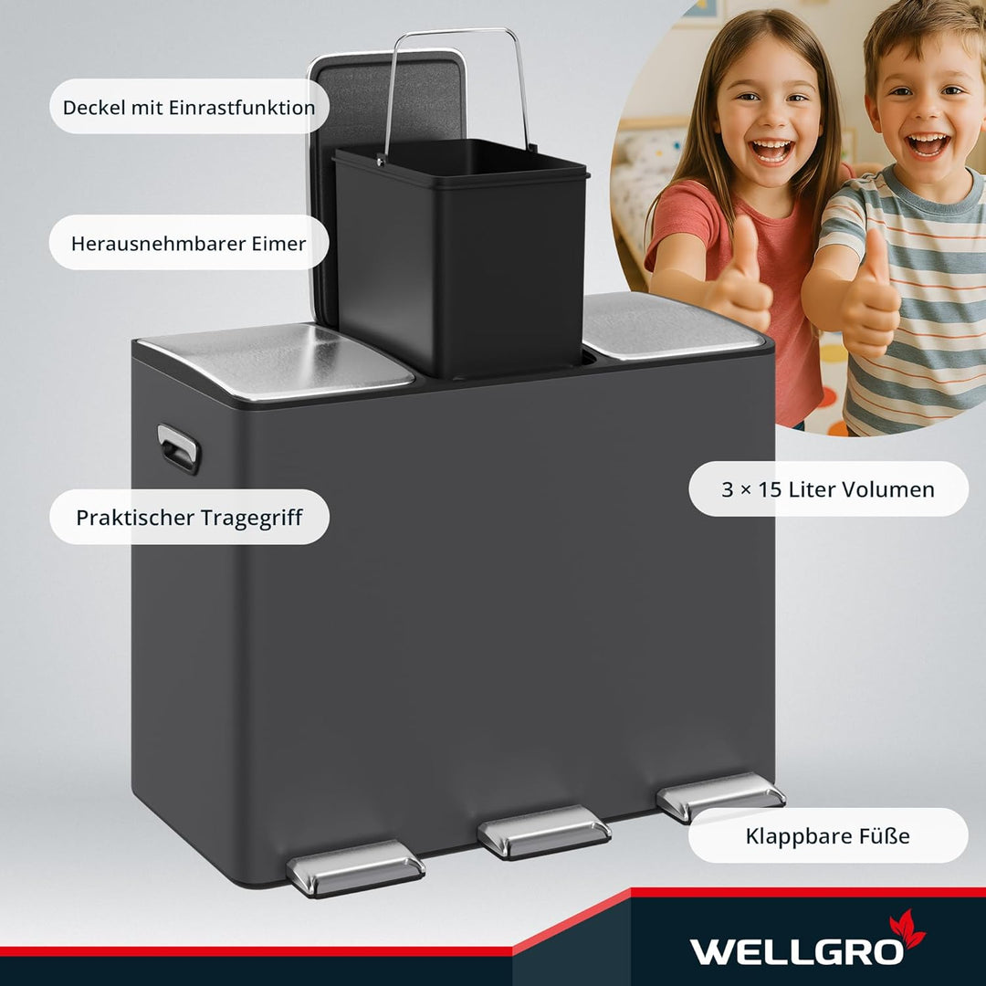WELLGRO Treteimer grau, Mülleimer, Edelstahl Tretmülleimer mit 3 x 15 Liter, klappbaren Fusspedalen,