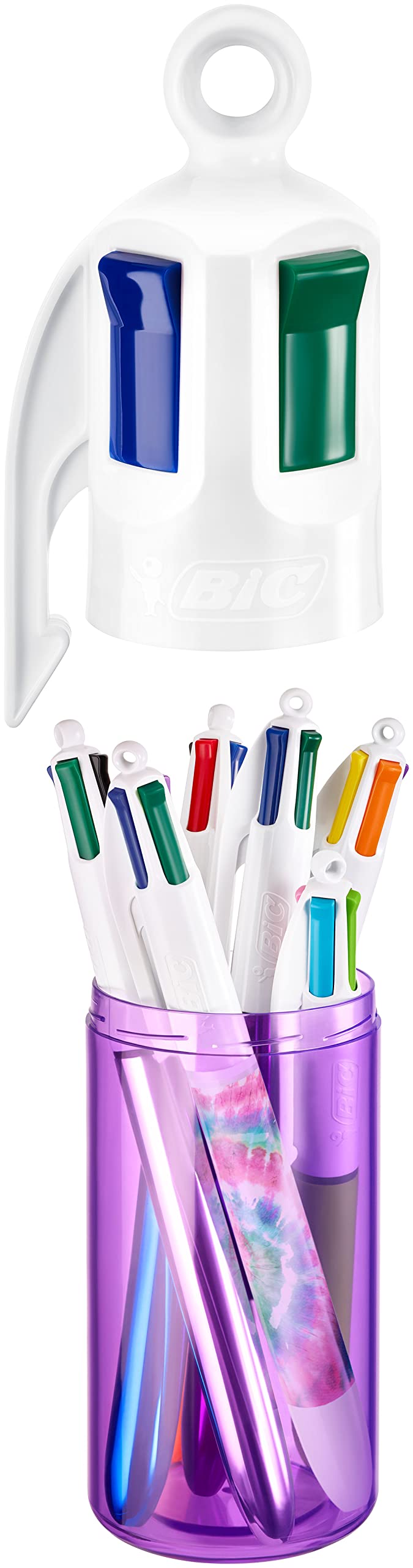 BIC 4 Farben Kugelschreiber Set 4 Colours, 6er Stifte Set in lila Stiftebecher, Geschenkidee für Sam