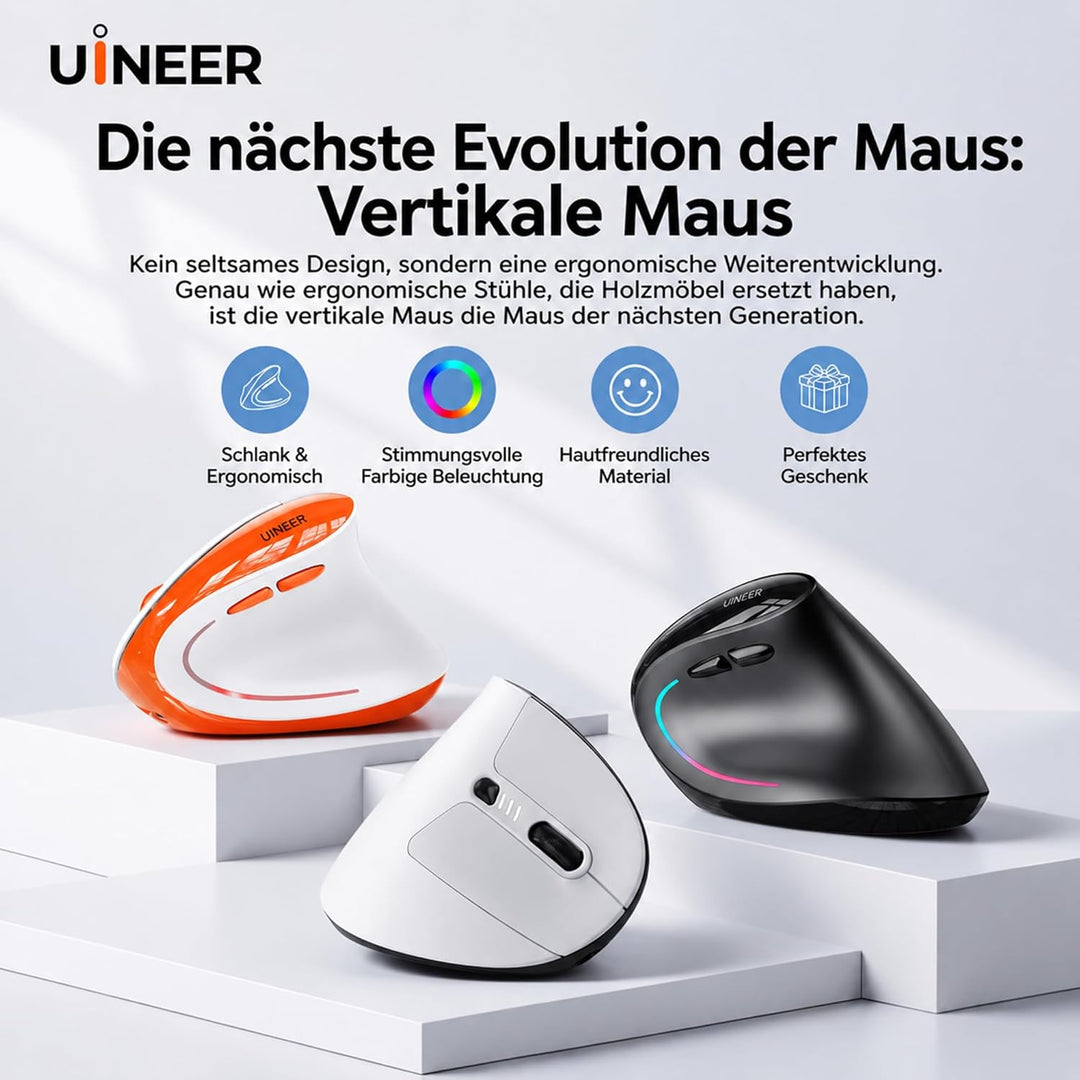 Uineer Ergonomische Maus Kabellos, Vertikale Bluetooth Maus Wiederaufladbar mit Leisem klick, 7 Farb