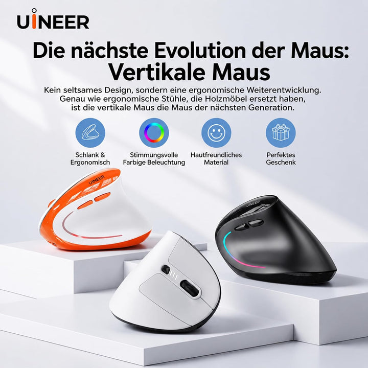 Uineer Ergonomische Maus Kabellos, Vertikale Bluetooth Maus Wiederaufladbar mit Leisem klick, 7 Farb