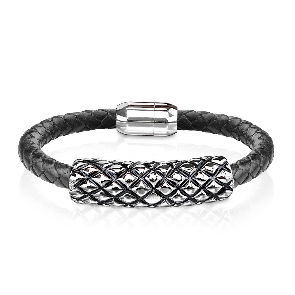 Bungsa Leder-Armband schwarz mit Magnetverschluss & silbernem Rautendesign für Damen & Herren