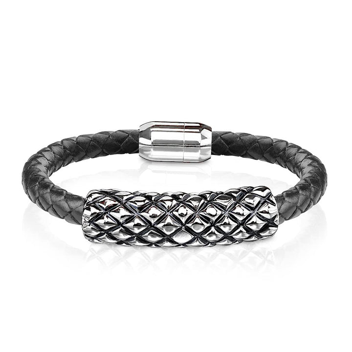 Bungsa Leder-Armband schwarz mit Magnetverschluss & silbernem Rautendesign für Damen & Herren