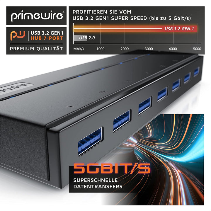 CSL - USB Hub 3.2 Gen1 mit Netzteil aktiv - aktiver 7 Port Verteiler - inkl. 1x 12V 3A DC-Hohlstecke