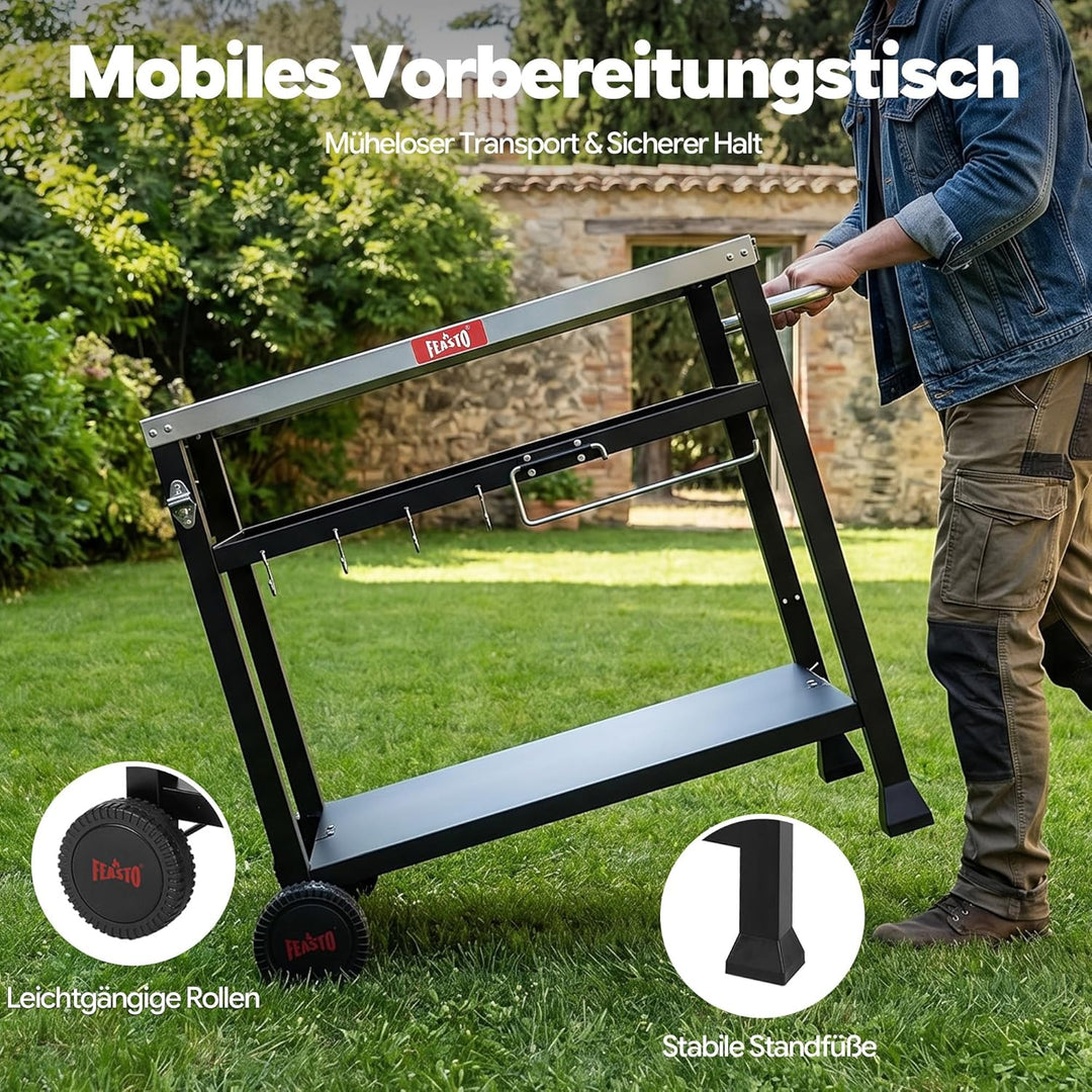 Feasto Grillwagen Outdoor 3 Etagen, Multifunktionaler Grilltisch mit Edelstahlplatt, Griff, Rollen,