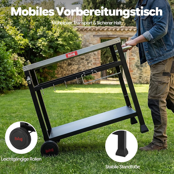 Feasto Grillwagen Outdoor 3 Etagen, Multifunktionaler Grilltisch mit Edelstahlplatt, Griff, Rollen,
