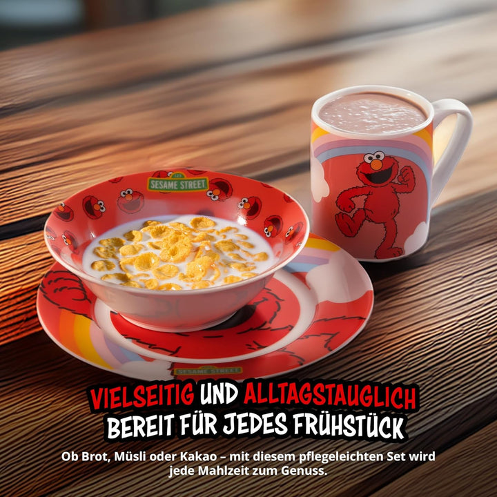 United Labels Elmo Frühstücksset Kinder, mit Elmo, Geschirr Set Porzellan, 3-teilig mit Teller, Scha