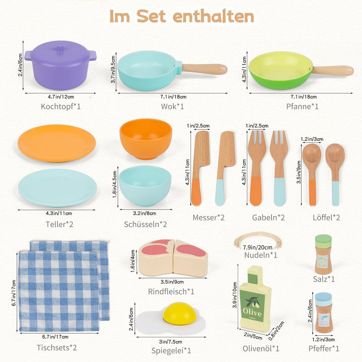 Kinderküche Zubehör Holz,Spielküche Zubehör,Puppengeschirr,Kinder Kochset Töpfe und Pfannen Set,Roll
