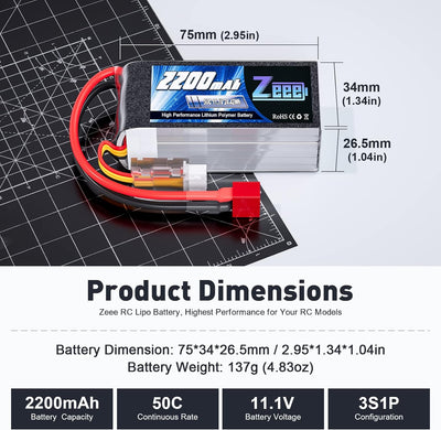 Zeee 3S Lipo Akku 50C 2200mAh 11,1V Kurze RC Batterie mit Deans T Stecker für RC-Autos, LKWs, Fahrze