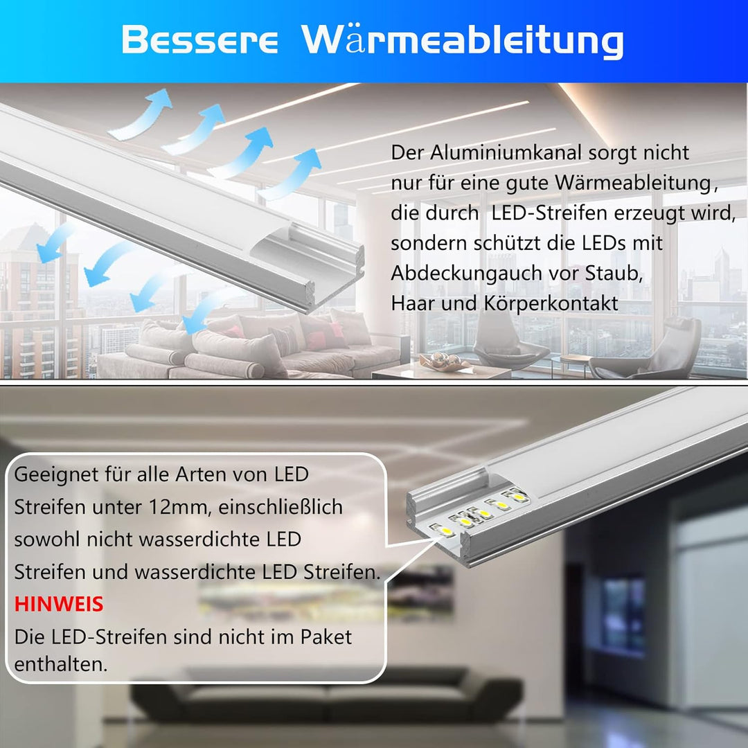 10 Pack LED Profile Aluminium 10 x 1 m, U-Shape Aluminium Profile with Milky Cover for LED Strips, E