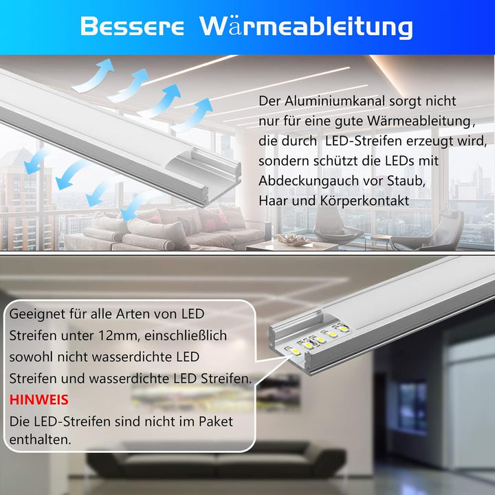 10 Pack LED Profile Aluminium 10 x 1 m, U-Shape Aluminium Profile with Milky Cover for LED Strips, E
