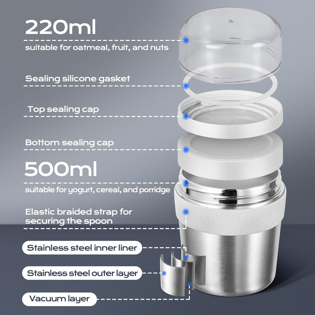 Edelstahl Müslibecher to go 500 ml + 220 ml Inklusive Löffel, auslaufsicher und isoliert Geeignet fü