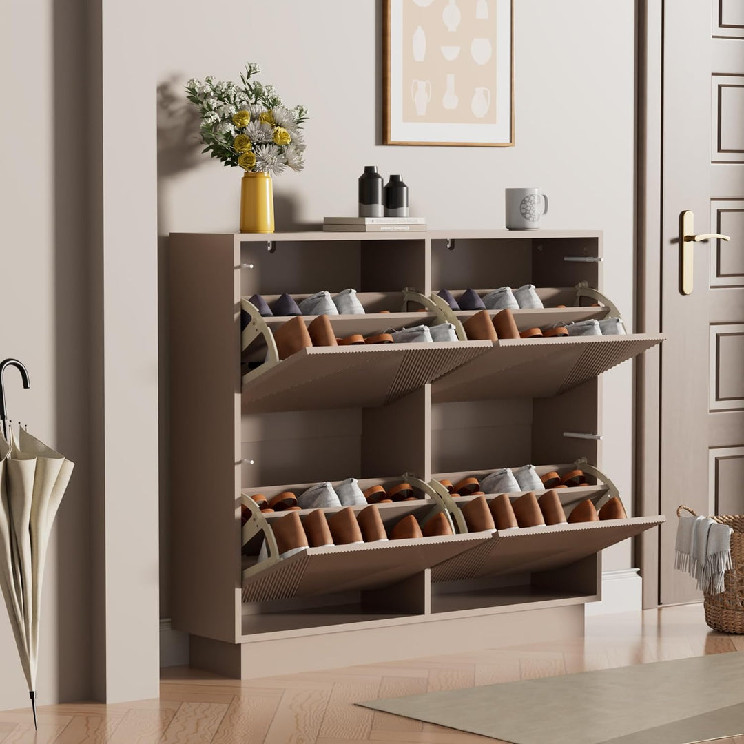 UEV Schuhschrank mit 4 Klappen, Schuhkommode schmal mit Kippschutz, Schuhkipper für Wohnzimmer Schla