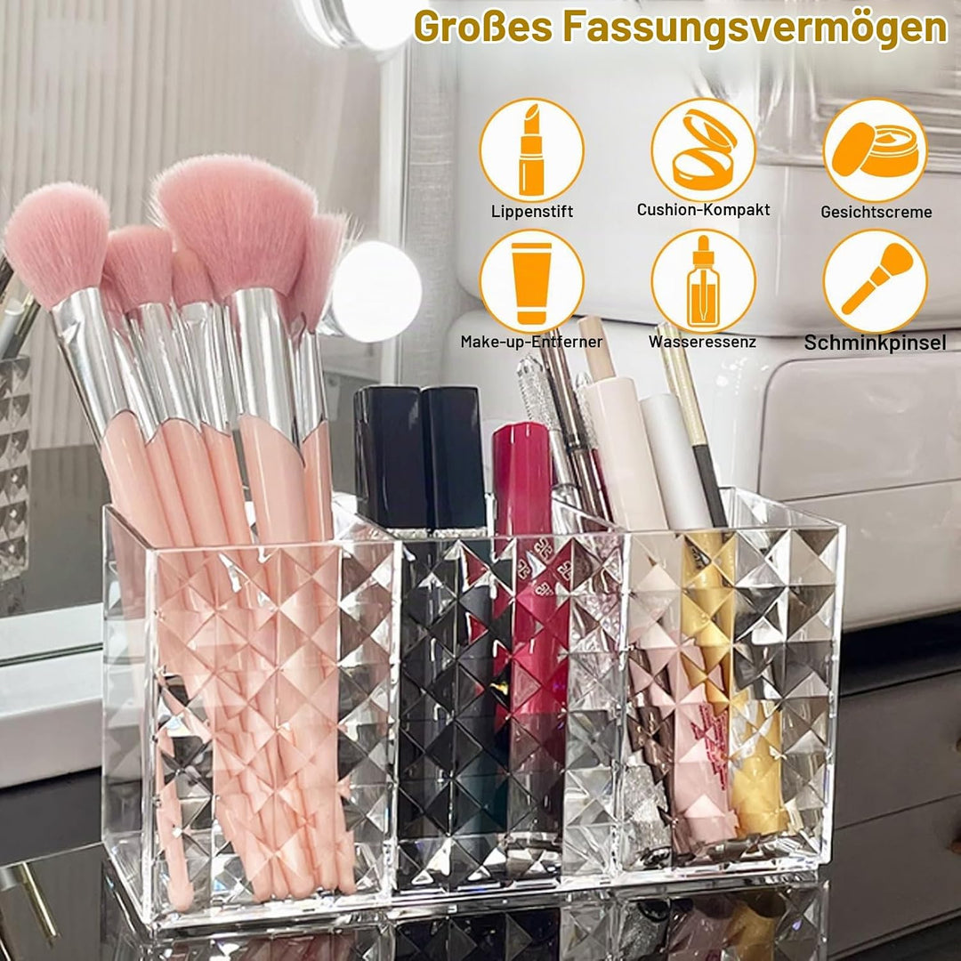 Kosmetik Organizer, 2-Pack Acrylic Pinselhalter, 3 Fächern Kristall Makeup Pinsel Halter, Klarer Sch