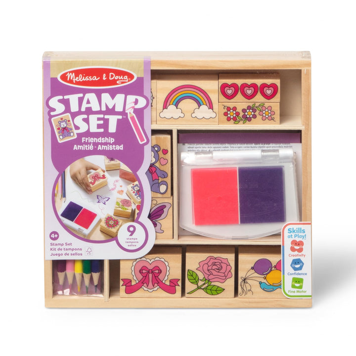 Melissa & Doug - Holzstempelset Freundschaft – 9 Stempel, 5 Buntstifte und EIN zweifarbiges Stempelk